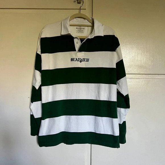 Green White Stripes Long Sleeve Rugby Shirt Size Large Blokecore - Picture 3 of 10